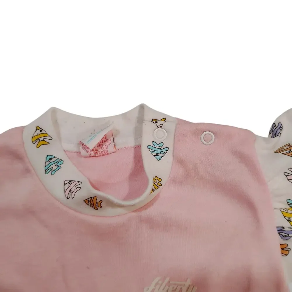 Vintage Girls Toddler 2 Month Liberty Additions Pink White Fish Ruffle Shirt